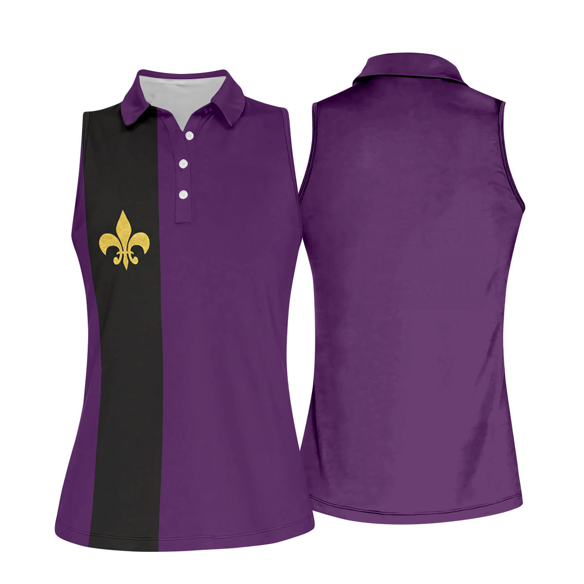 Mardi Gras Fleur De Lis Black Vertical Stripe Purple Golf Shirt, Women's Golf Tops, Ladies Golf Polos