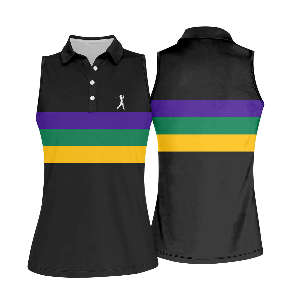 Mardi Gras Purple Green Gold Horizontal Stripes Black Golf Shirt, Women's Golf Shirts, Ladies Golf Polos