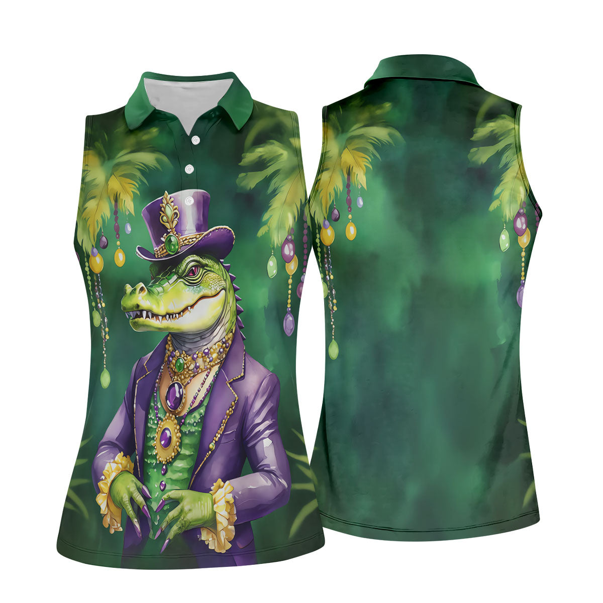 Mardi Gras Alligator Green Golf Shirt, Fun Women's Golf Shirts, Women's Golf Tops, Ladies Golf Polos