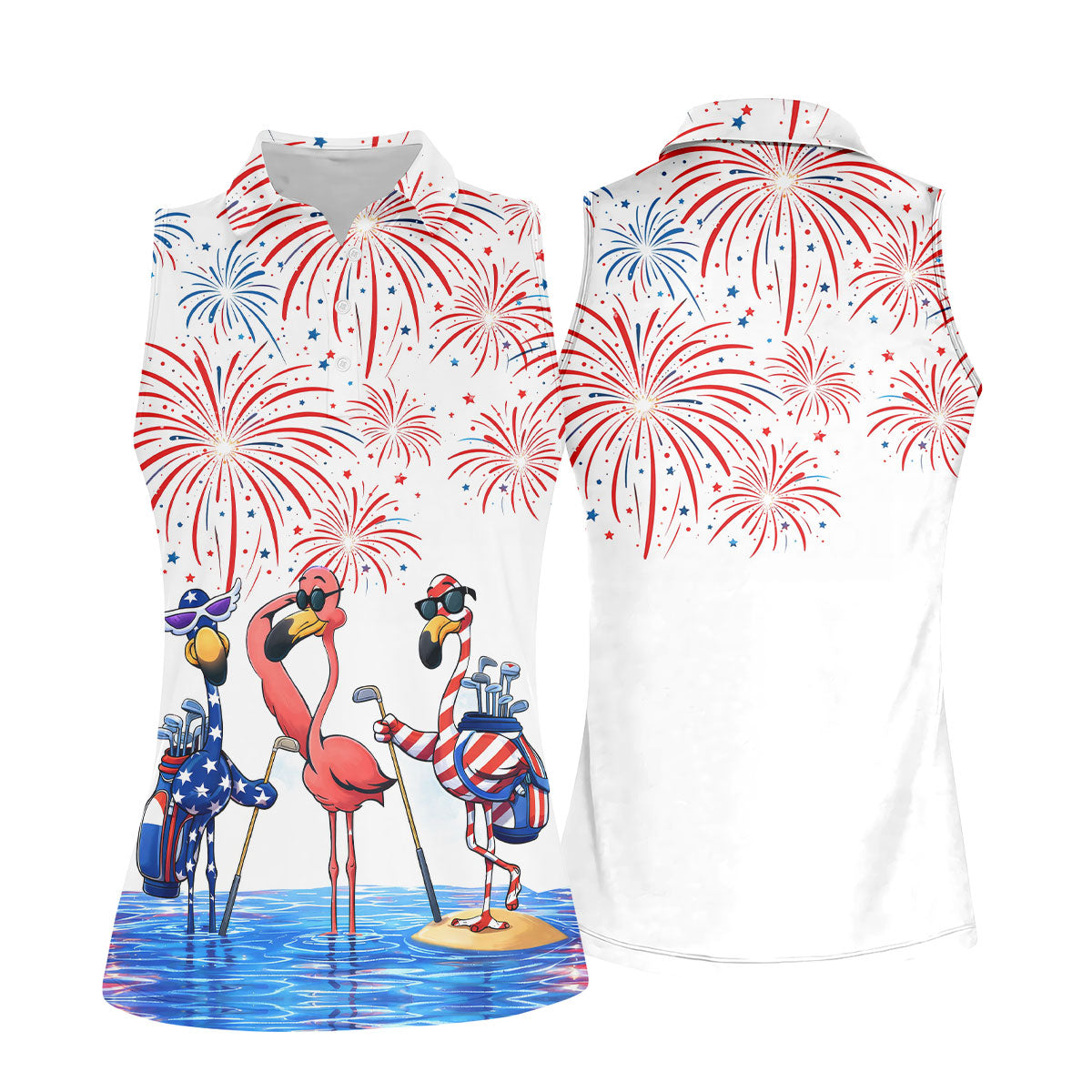 Funny Flamingo American Flag Pattern White Golf Shirt, 250th Anniversary Patriotic Golf Shirt, Women's Polo Shirt