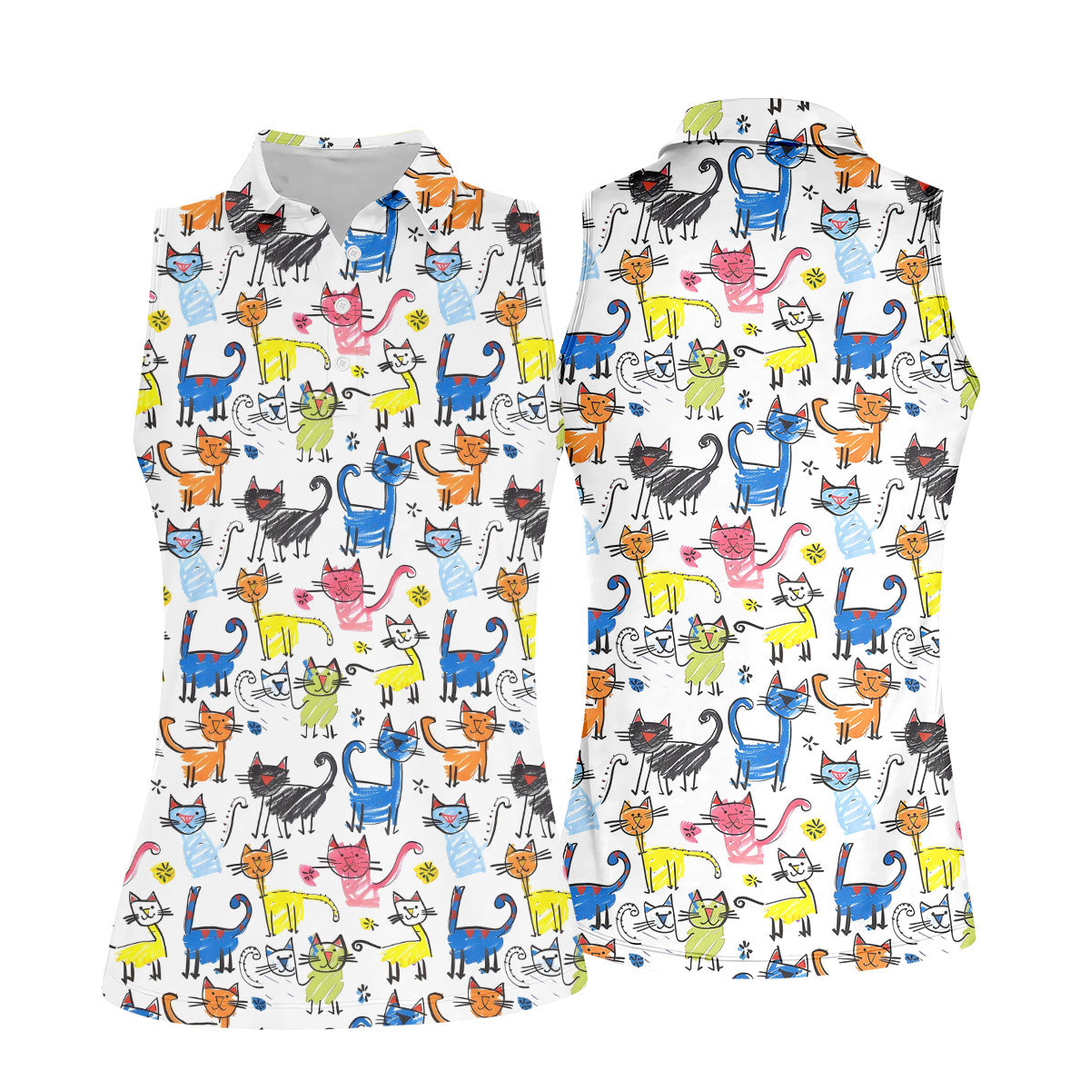 Cartoon Cat Golf Shirt, Colorful Doodle Cat Pattern, Polo Shirts For Women