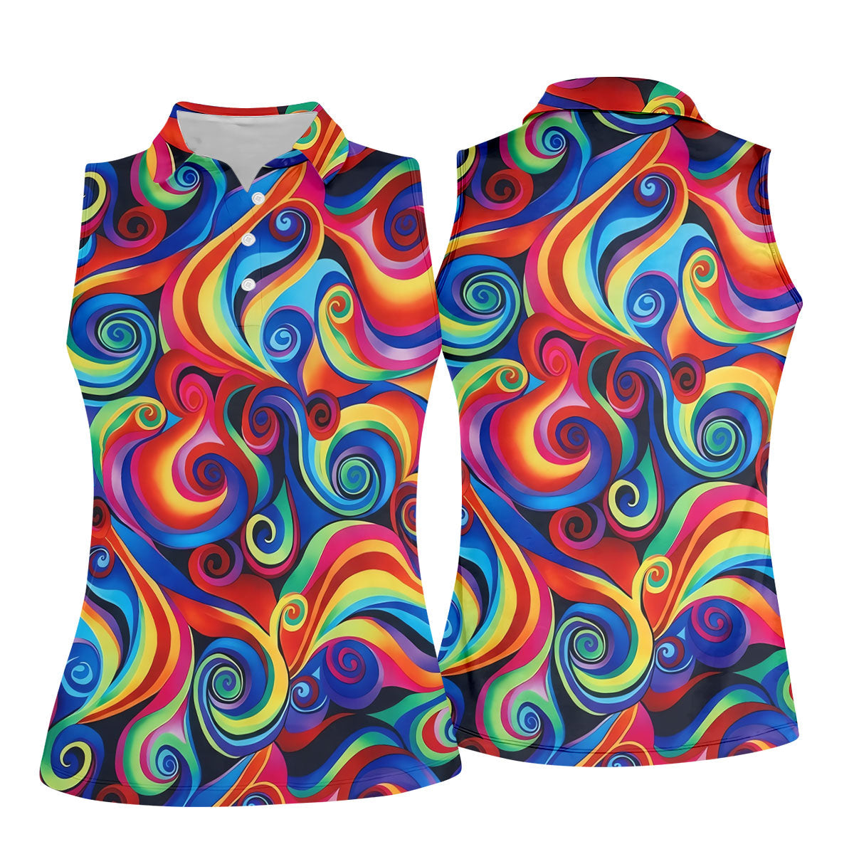 Colorful Rainbow Swirl Abstract Golf Shirt, Ladies Golf Shirts, Women’s Golf Apparel, Performance Golf Shirt