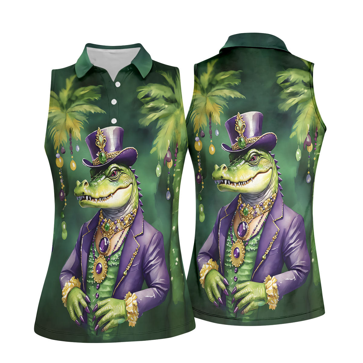 Mardi Gras Alligator Decorated Palm Tree Print Golf Shirt, Women's Golf Tops, Ladies Golf Shirt