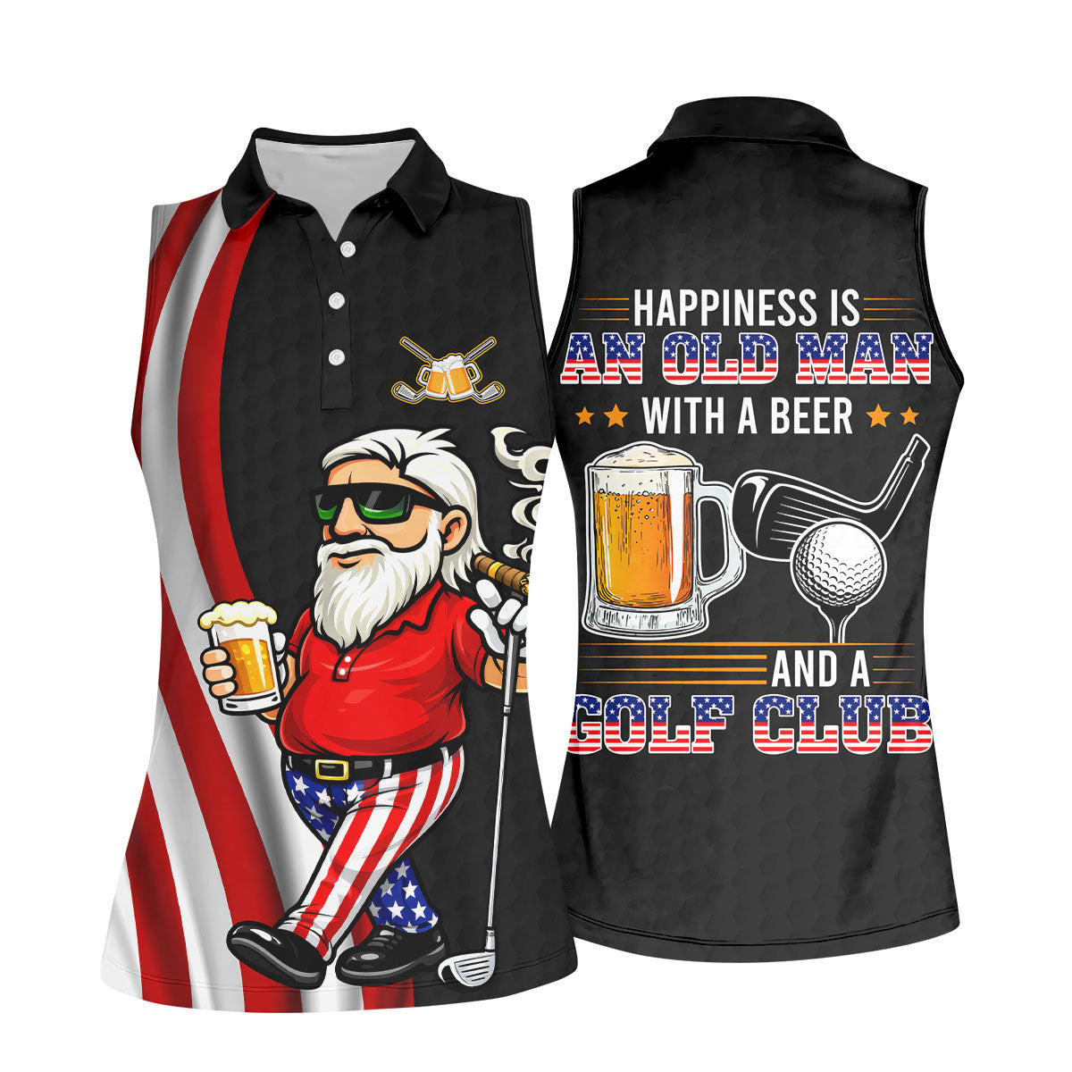 Happiness Is An Old Man With A Beer Funny 4th Of July Black Golf Shirt, 250th Anniversary Women's Golf Tops