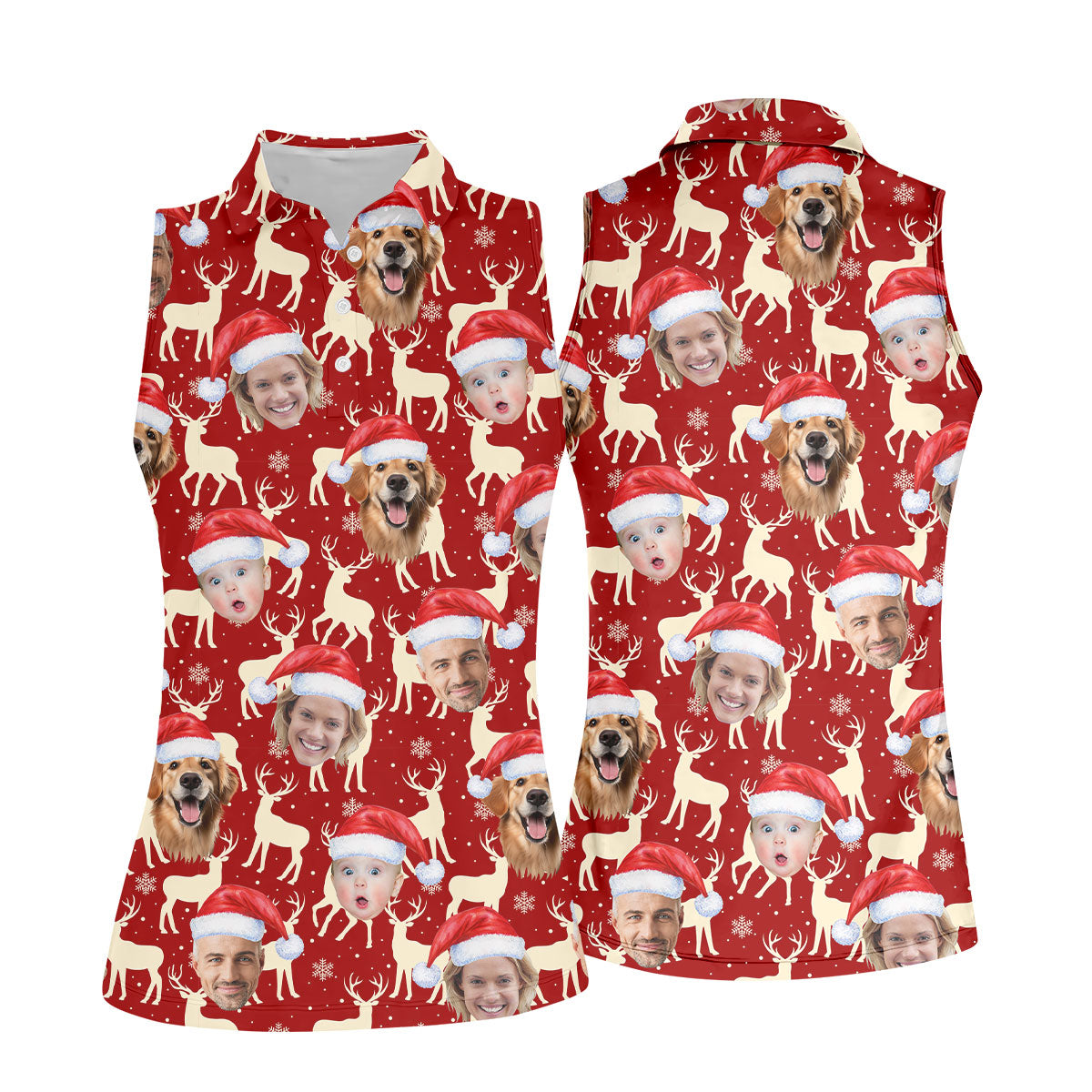 Custom Face Reindeer Pattern Beige And Red Christmas Golf Shirt, Ladies Golf Shirts, Golf Gifts For Women
