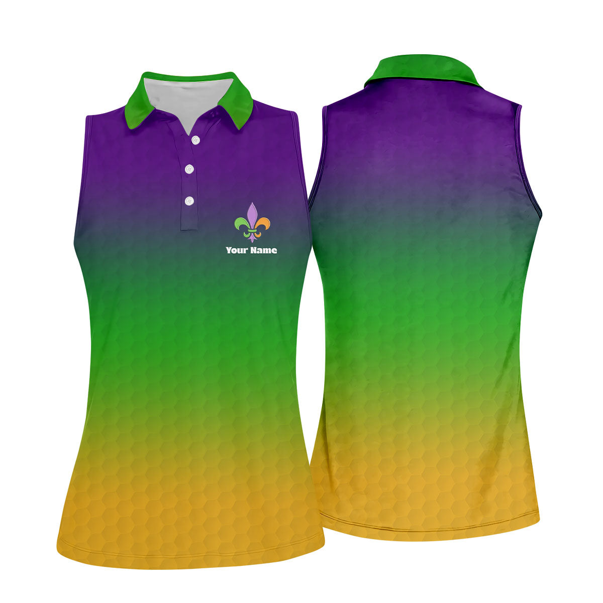 Mardi Gras Purple Gold Green Blended Color Golf Ball Pattern Women's Golf Tops, Women's Golf Shirts, Ladies Golf Polos