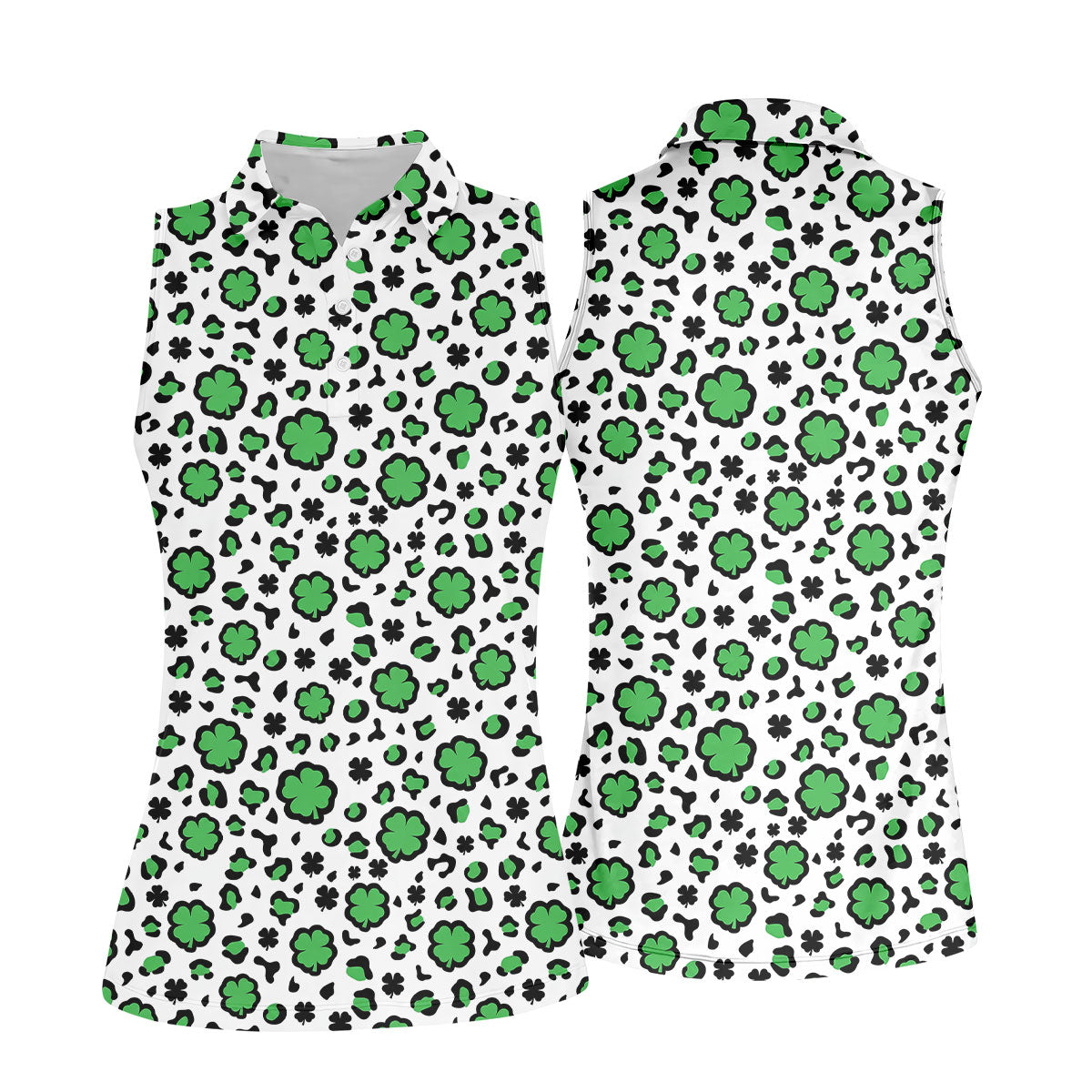 Lucky Four Leaf Clover Leopard Pattern St Patrick's Day Golf Shirt, Women's Golf Tops, Ladies Golf Shirts