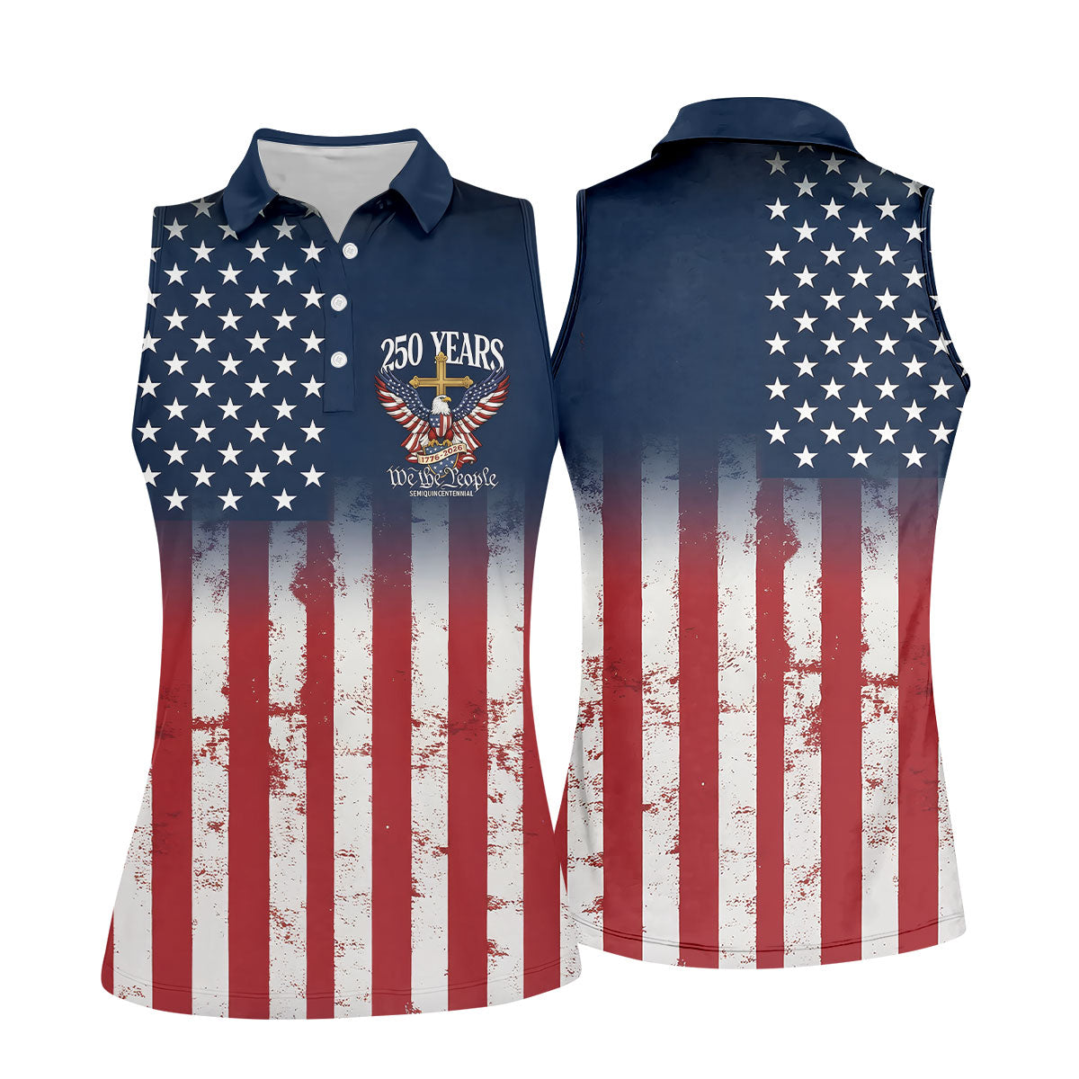 250 Years We The People Bald Eagle US Flag Cross Faith Golf Shirt For Women, Patriotic Golf Shirt