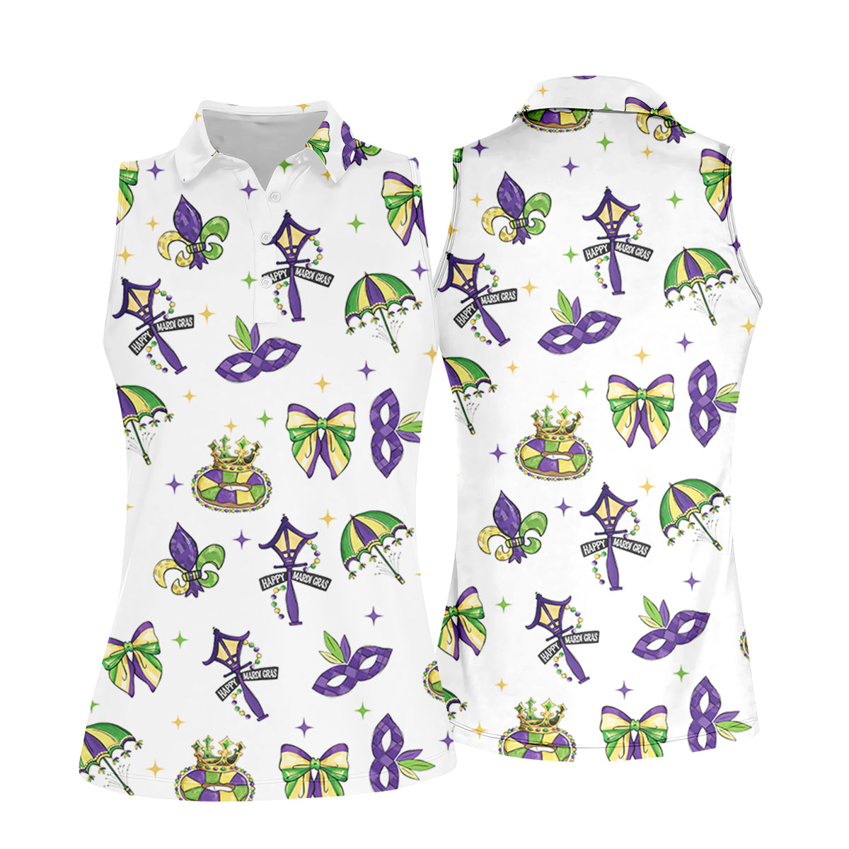 Fleur De Lis Carnival Masks Happy Mardi Gras White Golf Shirt, Golf Shirt For Women, Ladies Golf Polos