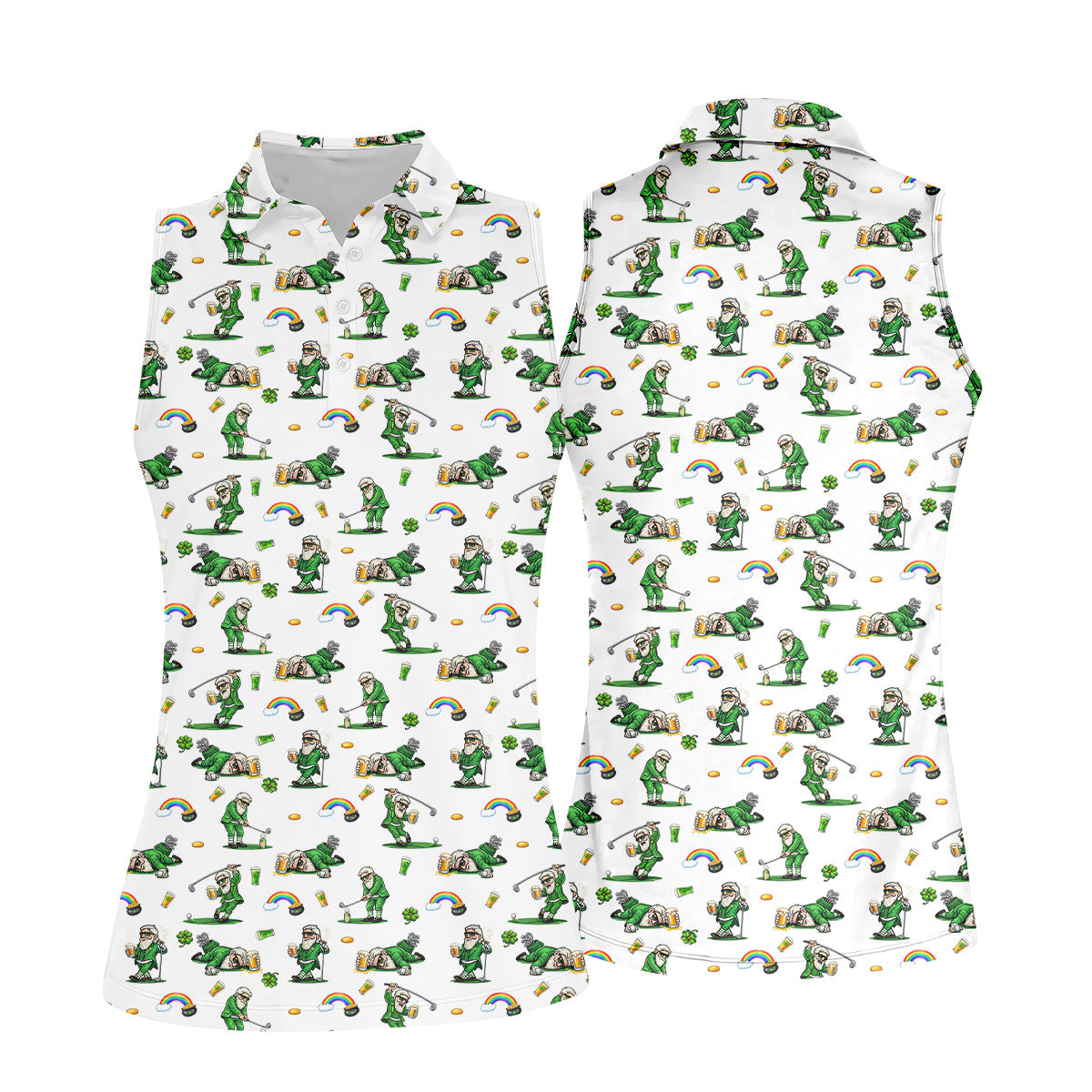 St Patrick's Day Leprechaun Character Golf And Beer White Golf Shirt, Fun Women's Golf Shirts, Ladies Golf Polos
