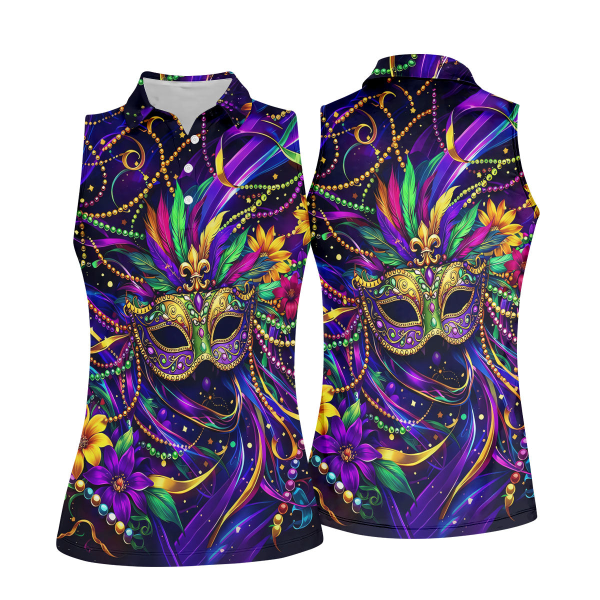 Mardi Gras Beads Ribbons Feather Masquerade Mask Print Golf Shirt, Polo Shirts Womens, Ladies Golf Shirt