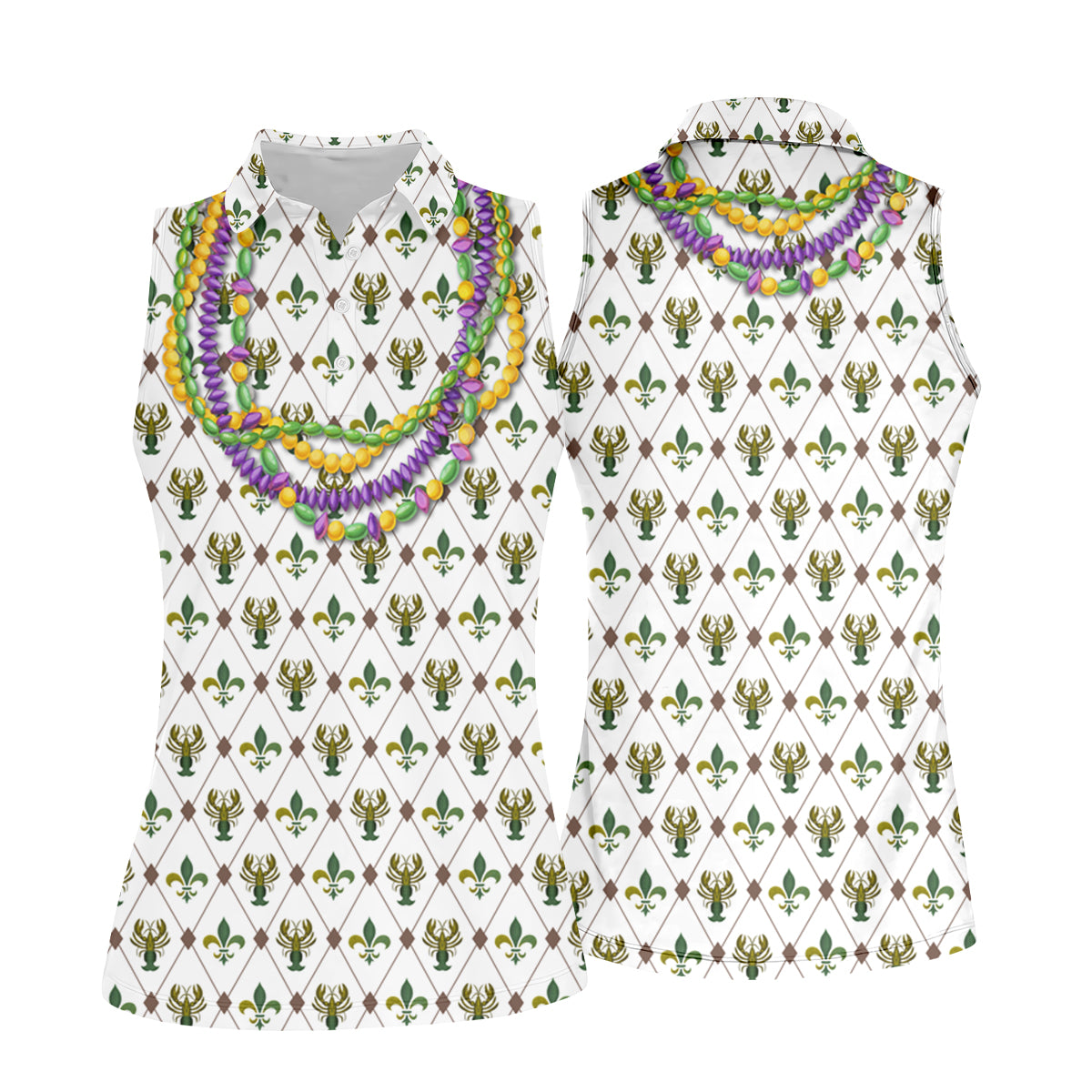 Mardi Gras Purple Green Gold Beads Chain Fleur De Lis Argyle Pattern White Golf Shirt, Women's Golf Tops