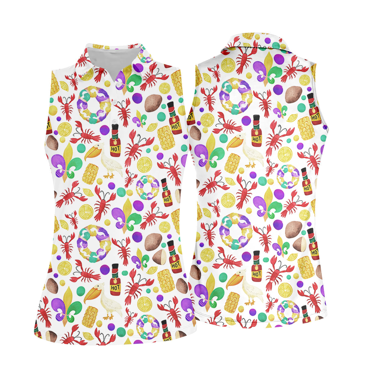 Fleur De Lis Flower White Pelican Lobster Hot Sauce Mardi Gras Golf Shirt, Women Golf Top, Ladies Golf Polos