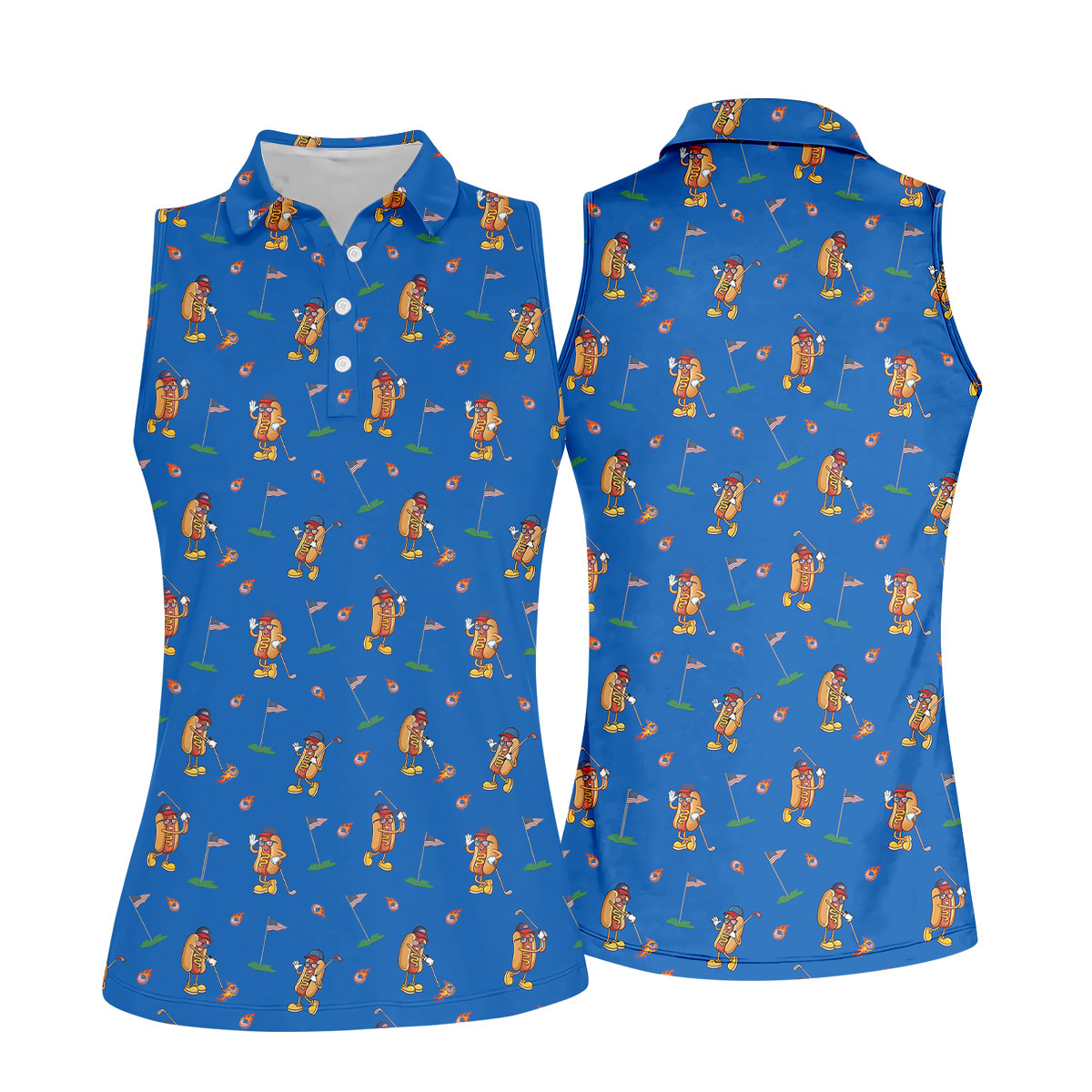 Cartoon Hot Dogs American Flag Pattern 250th Anniversary Blue Golf Shirt, Women's Golf Tops, Ladies Golf Shirt