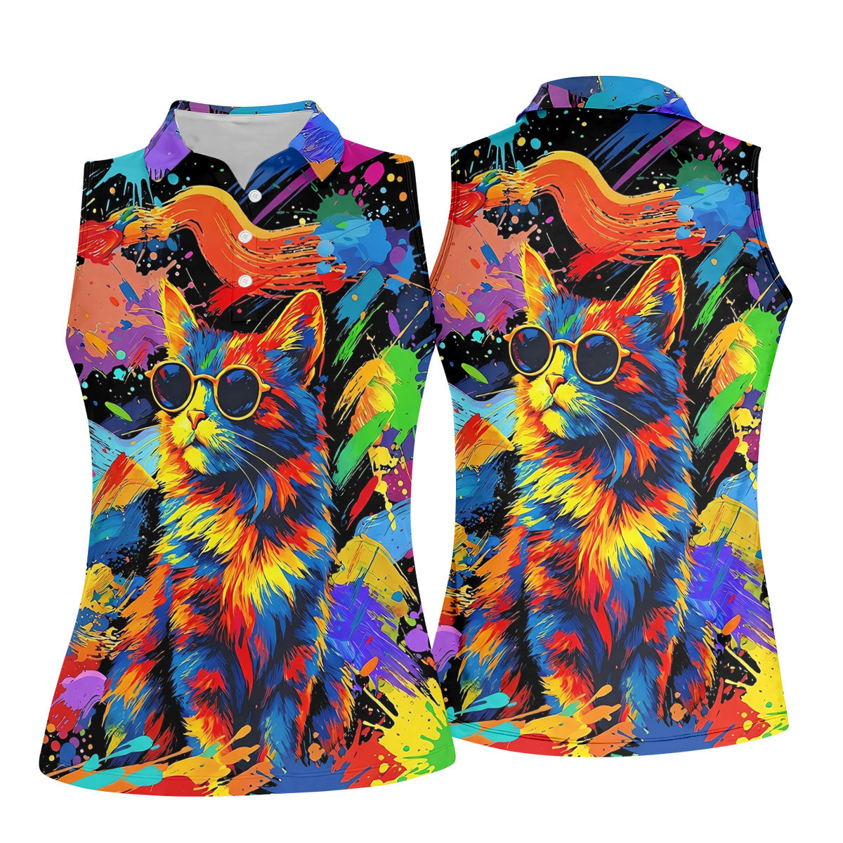 Colorful Cat Wearing Sunglasses Art Golf Shirt, Women's Golf Shirt, Hawaiian Golf Shirt