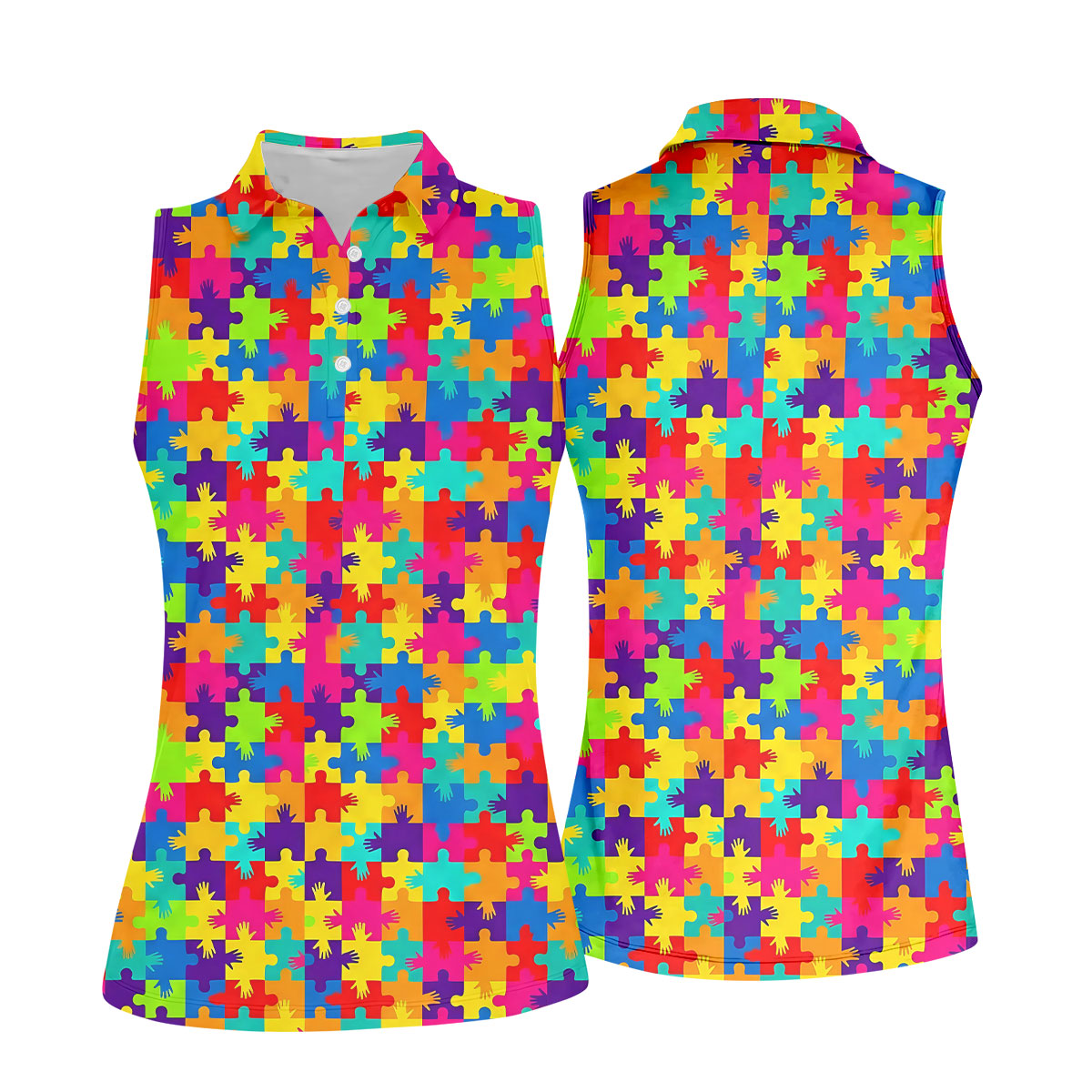 Colorful Handprints Autism Awareness Puzzle Golf Shirt For Women, Ladies Golf Shirts, Women's Polo Shirt