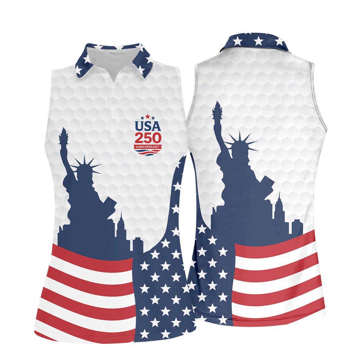 USA 250 Anniversary Silhouette Of Statue Of Liberty White Golf Shirt, 4th Of July Women's Golf Tops