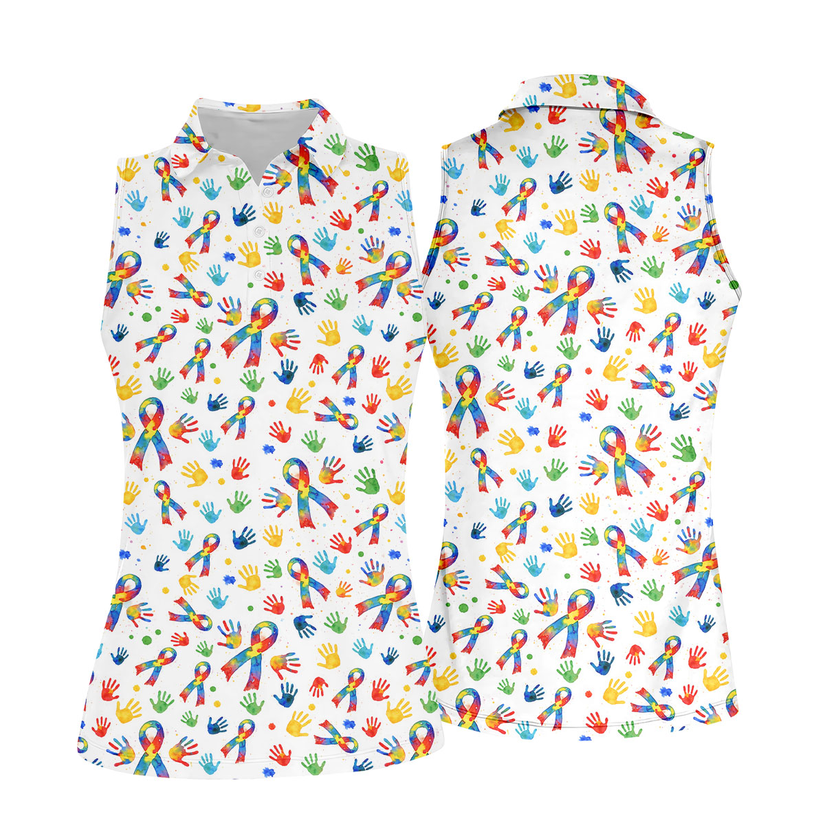 Colorful Handprints Autism Ribbon Women's Golf Tops, Autism Awareness Color Ladies Golf Polos