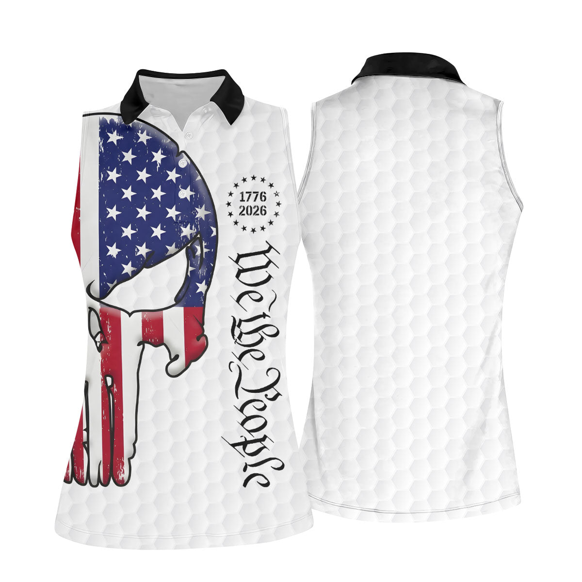We The People 250 Celebration US Flag Pattern Skull Golf Shirt, Patriotic 4th Of July Golf Shirt For Women