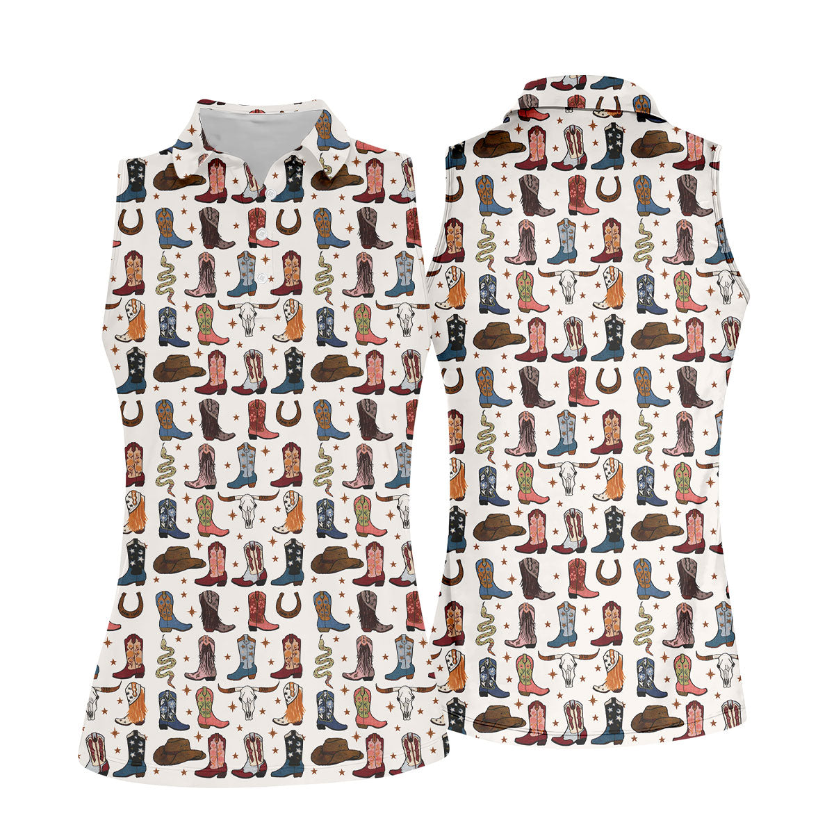 Western Cowboy Boots Horseshoes Pattern Retro Golf Shirt, Ladies Golf Polos, Golf Shirt For Women