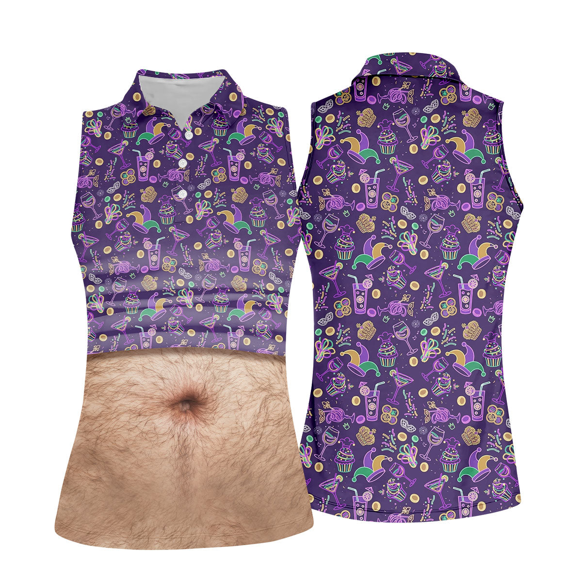 Purple Green Gold Mardi Gras Food Funny Tummy Women's Golf Tops, Fun Women's Golf Shirts, Ladies Golf Shirt