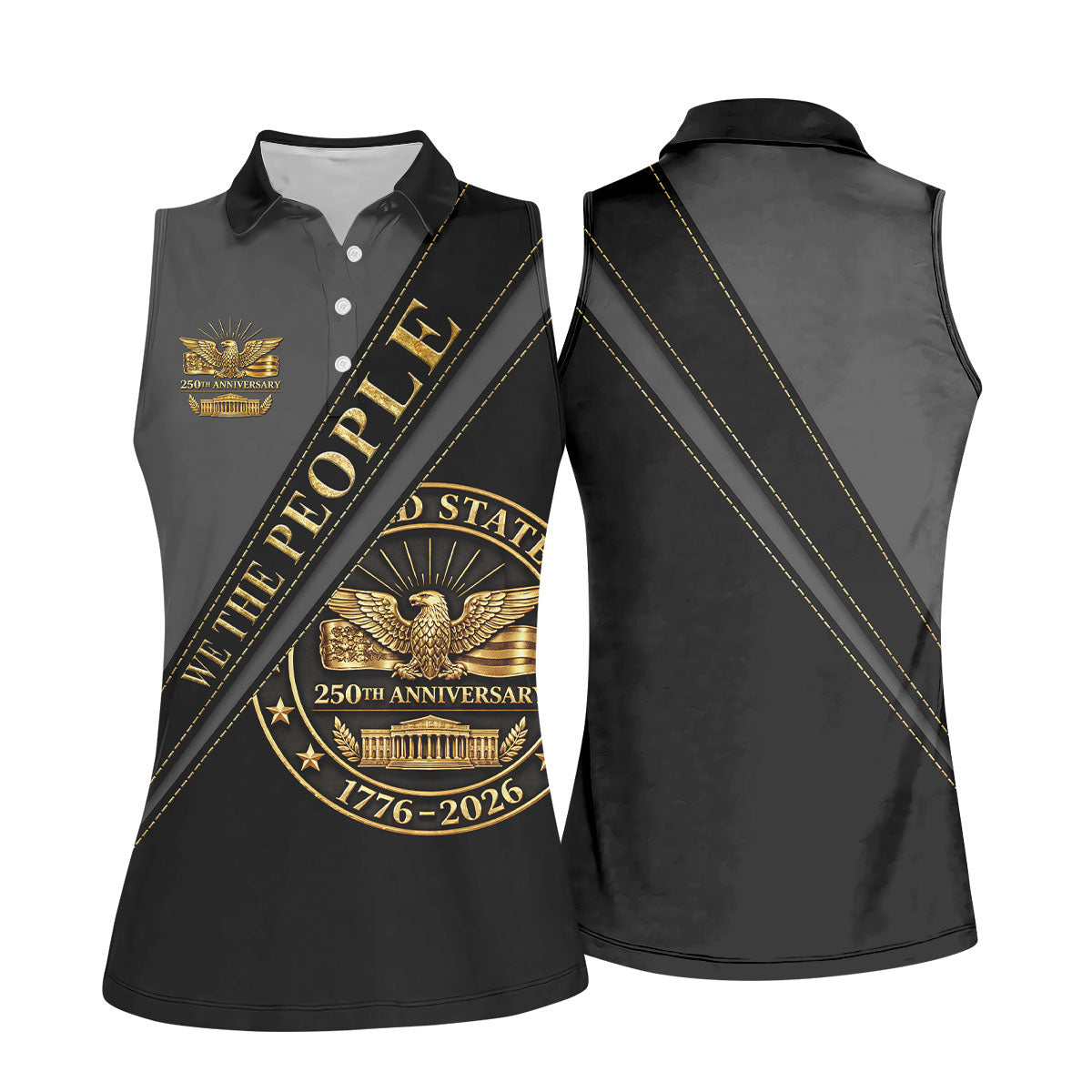 We The People 250th Anniversary Black And Gold Ladies Golf Tops, Patriotic 4th Of July Golf Shirt For Women