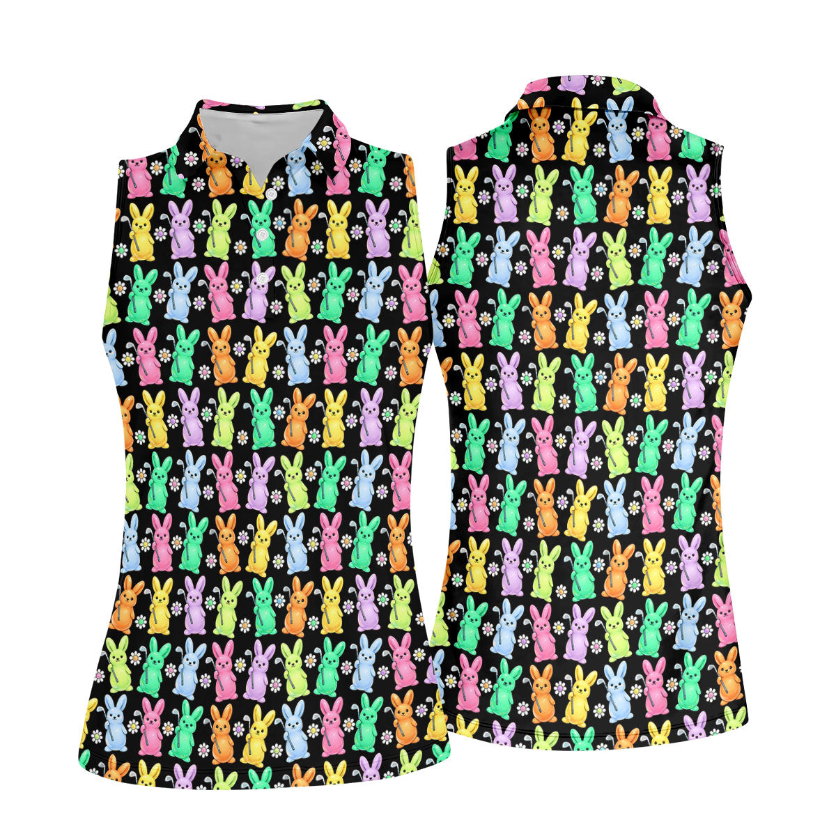 Colorful Easter Bunny Black Golf Shirt, Cute Golf Outfit, Women's Golf Tops, Ladies Golf Shirts