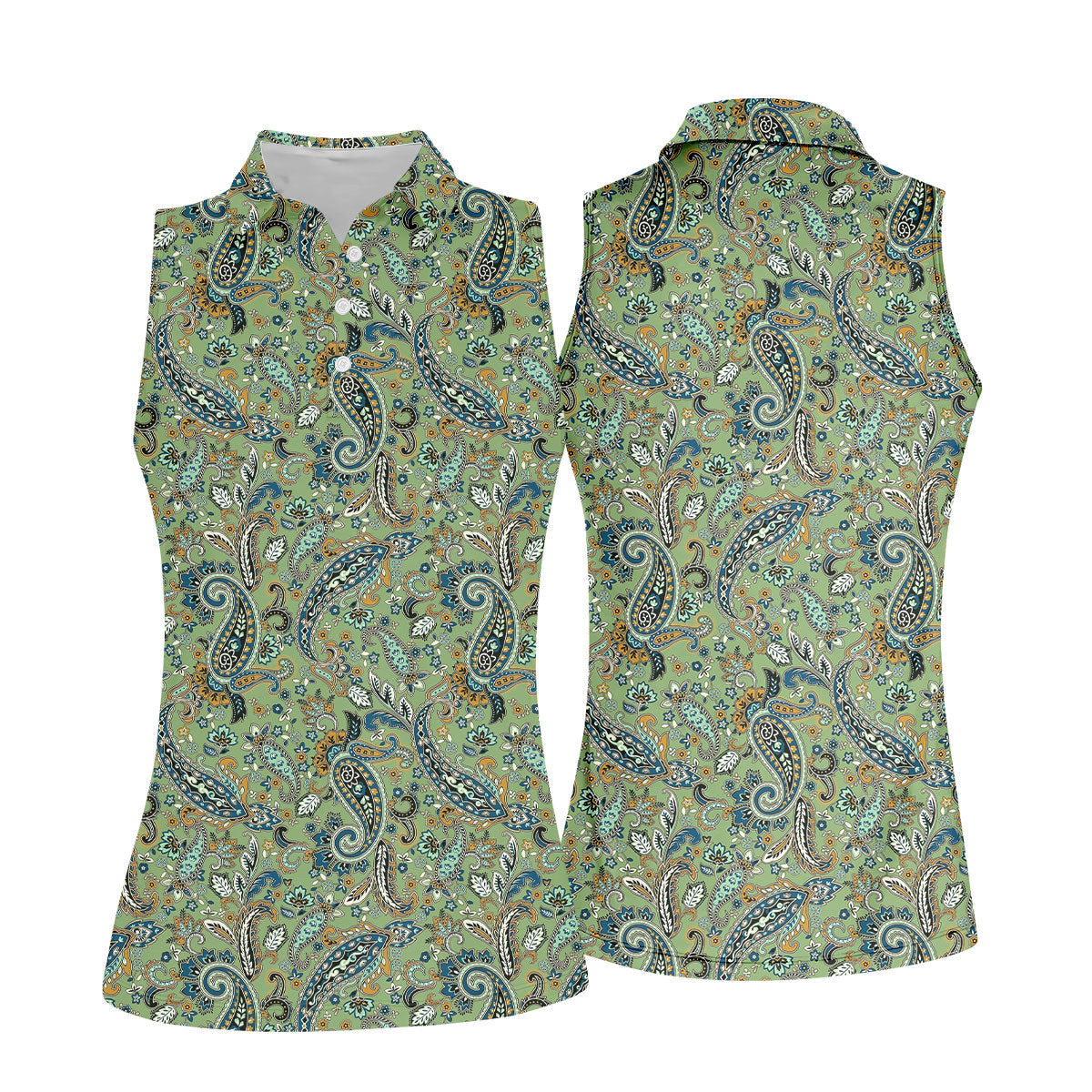 Paisley Vintage Earth Green Women's Golf Tops, Ladies Golf Polos, Golf Shirt For Women