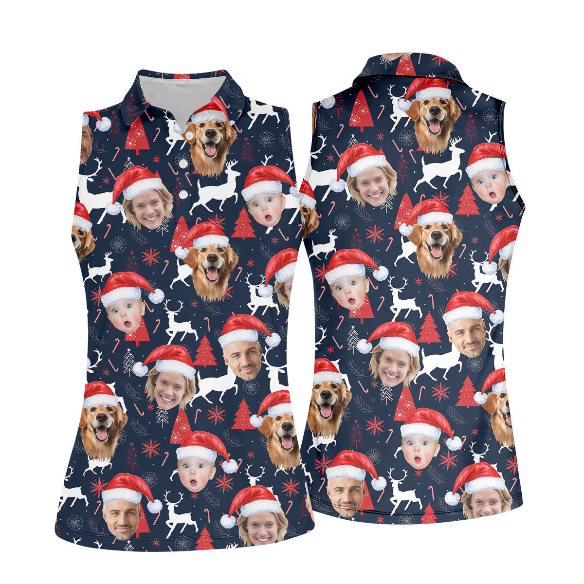 Custom Face Red And Navy Seamless Pattern Christmas Golf Shirt, Ladies Golf Shirts, Golf Gifts For Women