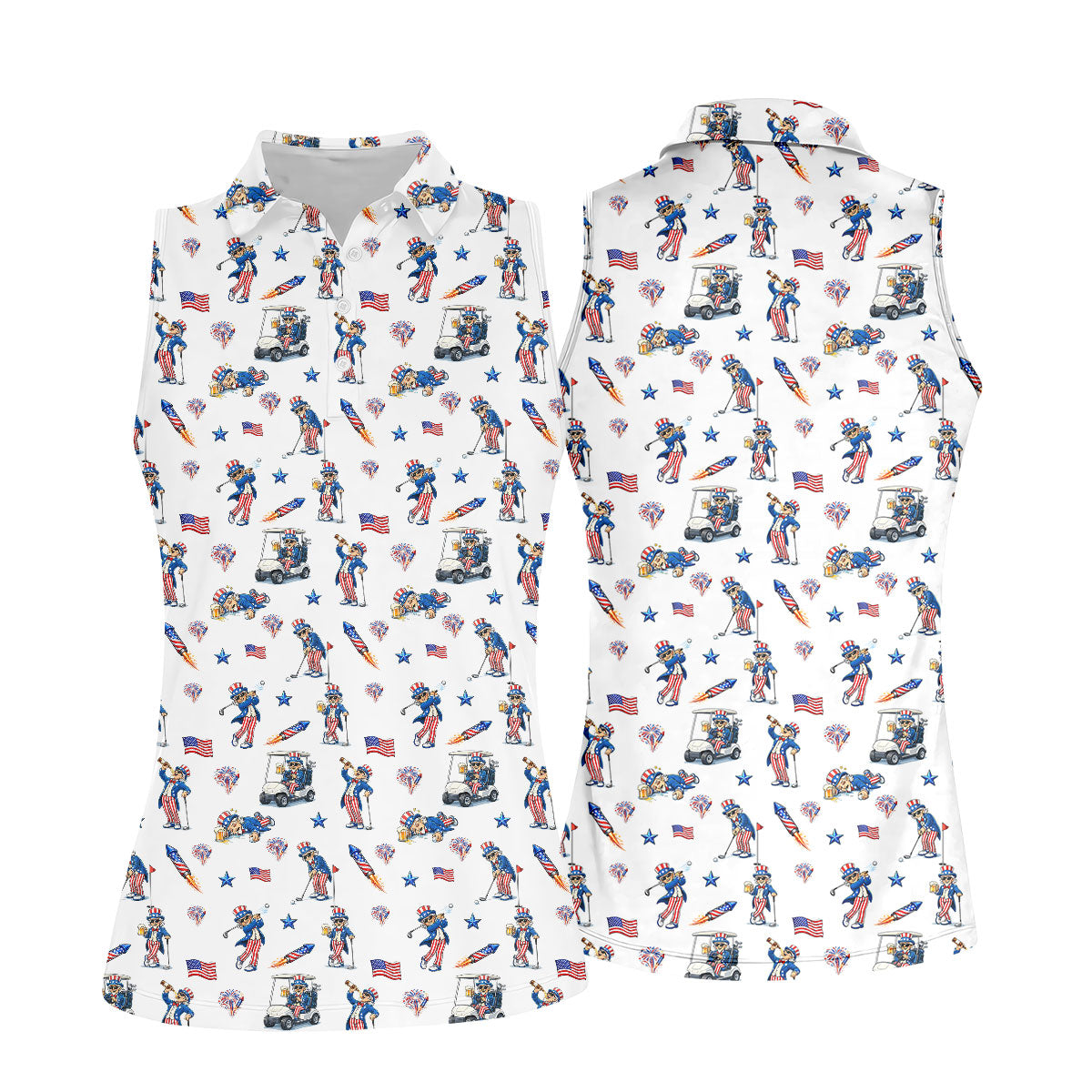 Patriotic Man Golf And Beer Funny 4th Of July White Golf Shirt, 250 Years Seamless Pattern Women's Golf Tops