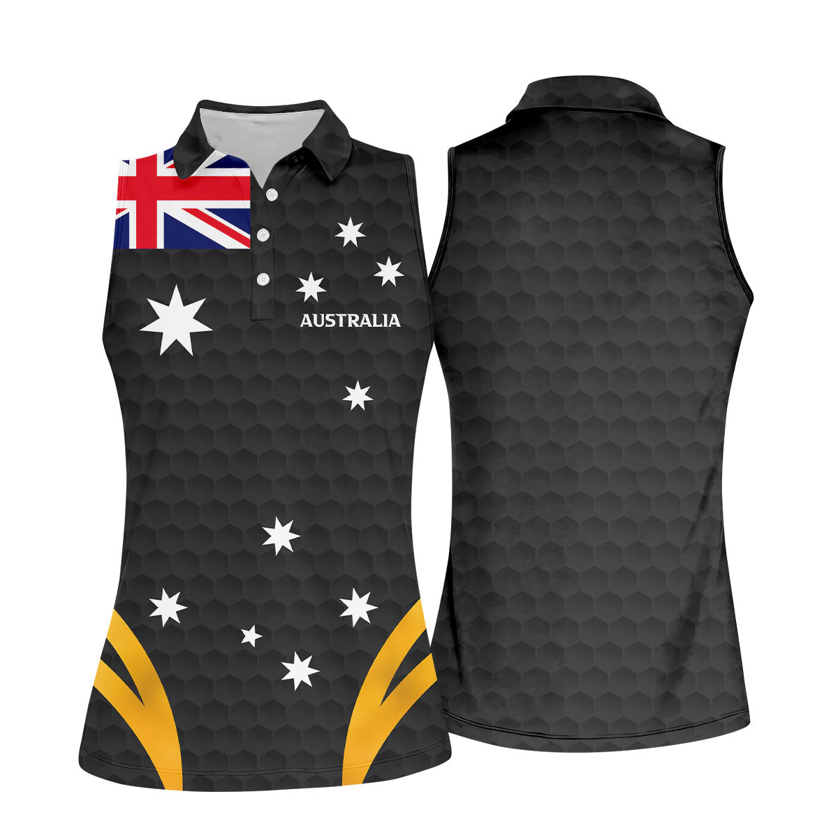 Australia Flag Print Golf Ball Pattern Black Golf Shirt, Australian Symbol Golf Shirt For Women