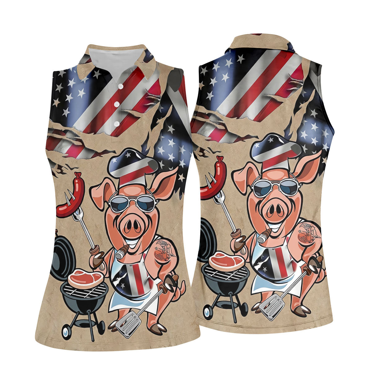 Patriotic American Flag Funny BBQ 250th Anniversary Dark Beige Women's Polo Shirt, Ladies Golf Shirts