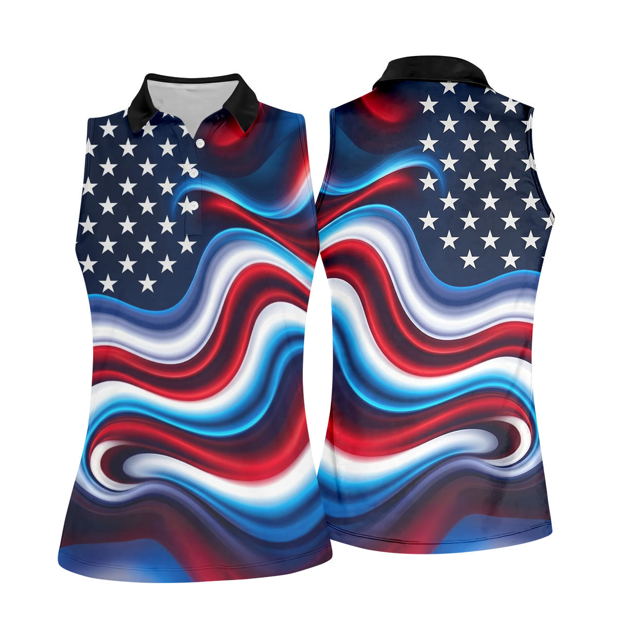 Star Pattern Red White Blue Wavy Stripes 250th Anniversary, Patriotic 4th Of July Golf Shirt For Women