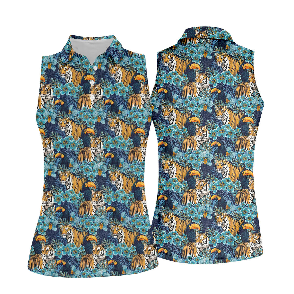 Tiger And Toucan Tropical Foliage Hawaiian Golf Shirt, Golf Shirt For Women, Golfing Apparel