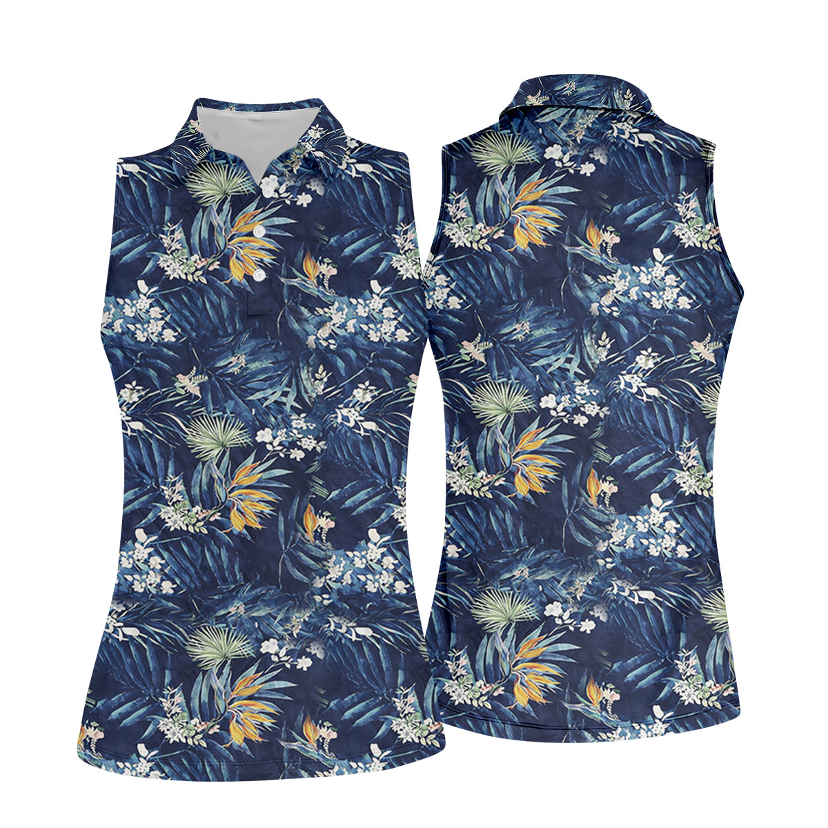 Navy Palm Tropical Hawaiian Vibe Women's Golf Shirts, Women's Golf Tops, Ladies Golf Shirts