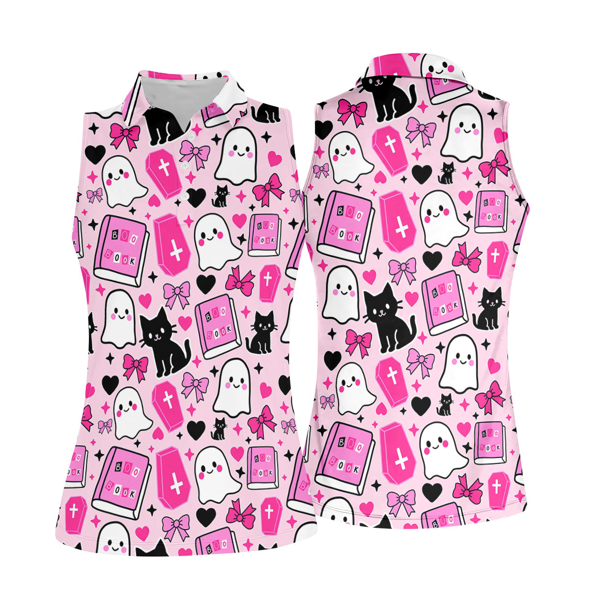 Halloween Boo And Cat Coquette Pink Women Golf Top, Cute Golf Outfit, Ladies Golf Shirts