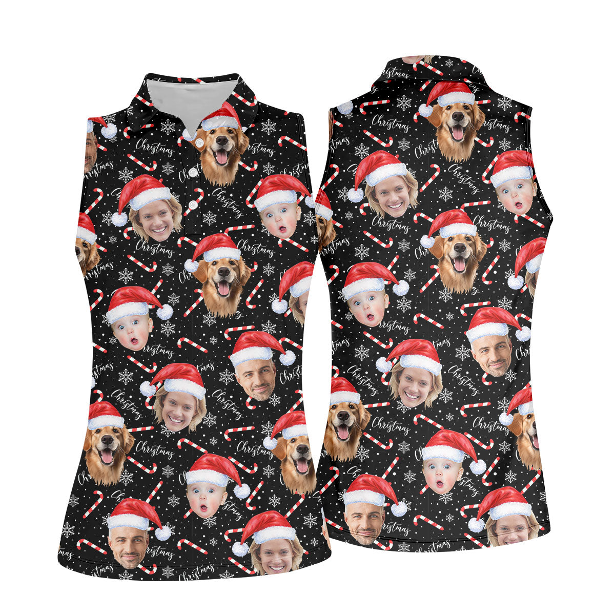 Custom Face Candy Cane Christmas Black Golf Shirt, Christmas Golf Shirt, Ladies Golf Tops, Golf Gifts For Women