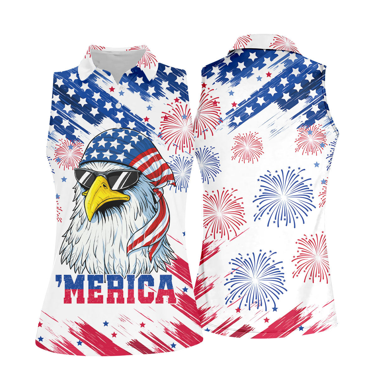 Cool Bald Eagle 4th Of July American Flag Pattern 4th Of July Women Golf Top, 250th Anniversary Patriotic Golf Shirt