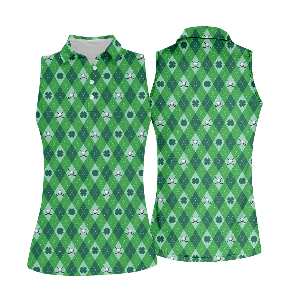 Lucky Four Leaf Clover Golf Ball Pattern Argyle Pattern St Patrick's Day Golf Shirt, Women's Golf Tops