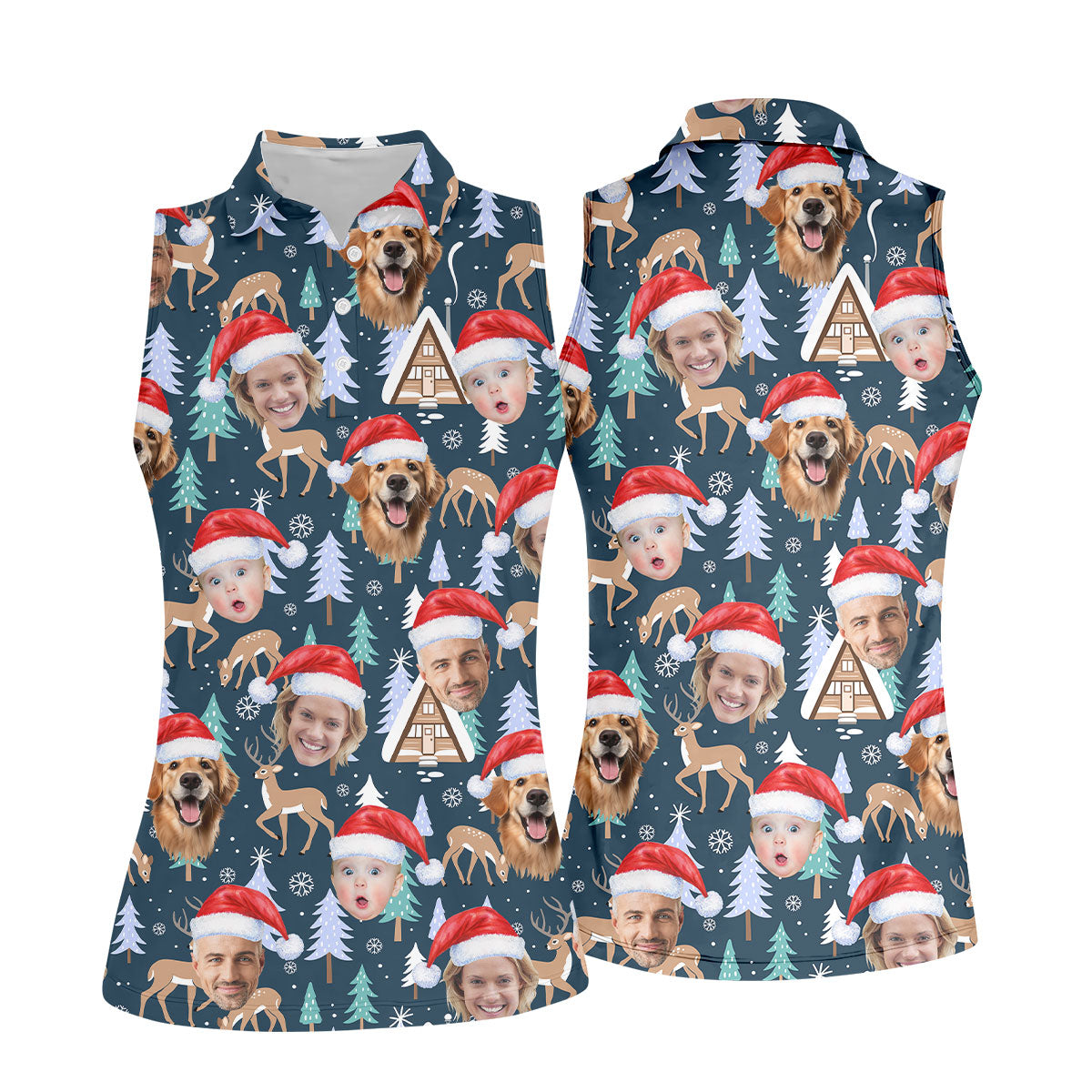 Custom Face Pine Tree Reindeer Dark Teal Green Christmas Golf Shirt, Golf Gifts For Women