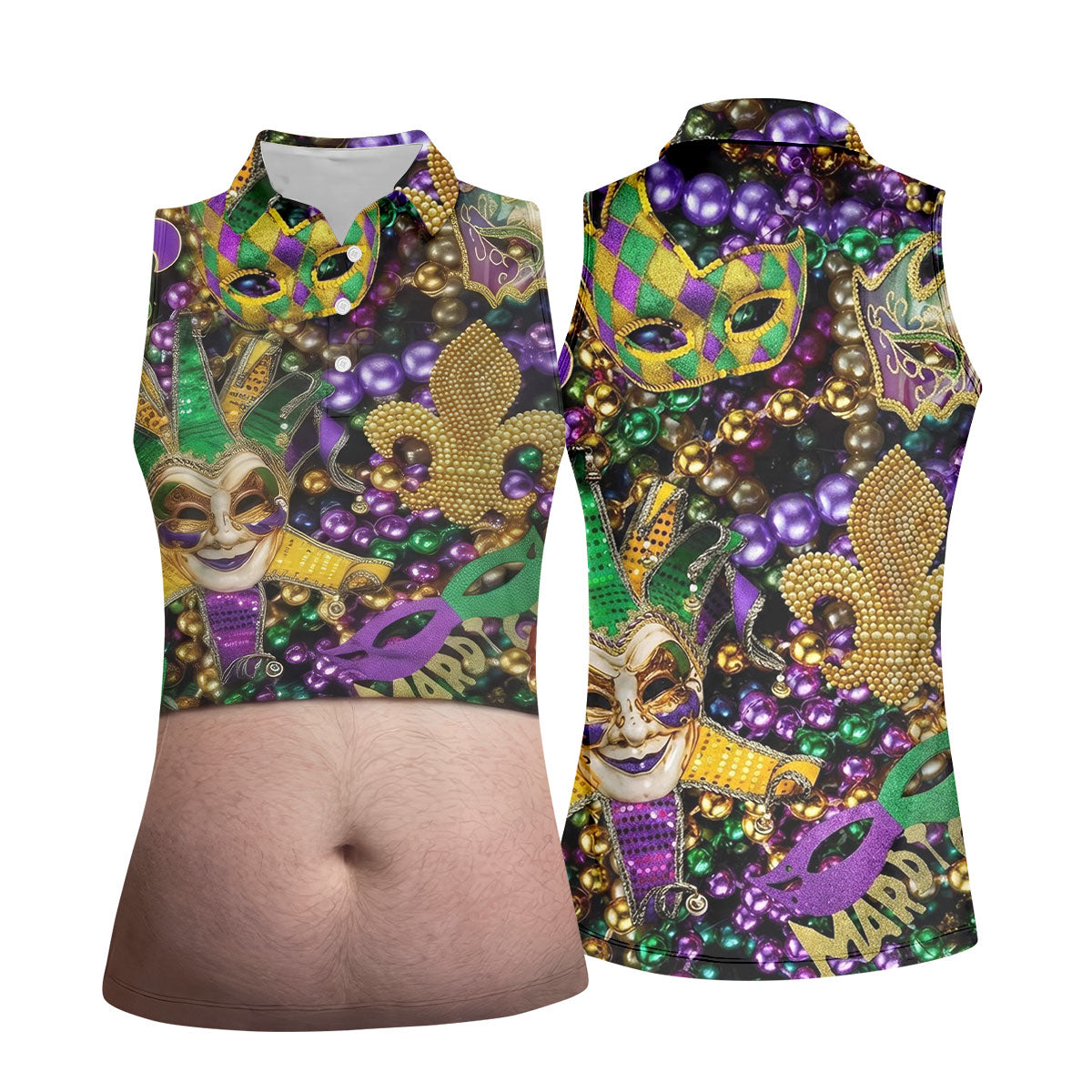 Mardi Gras Purple Green Gold Fleur De Lis Jester Mask Funny Tummy Women's Golf Tops, Fun Women's Golf Shirts