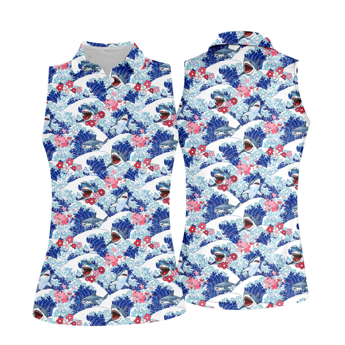 Funny Shark Japanese Wave Hawaiian Golf Shirt, Women's Golf Tops, Ladies Golf Shirts