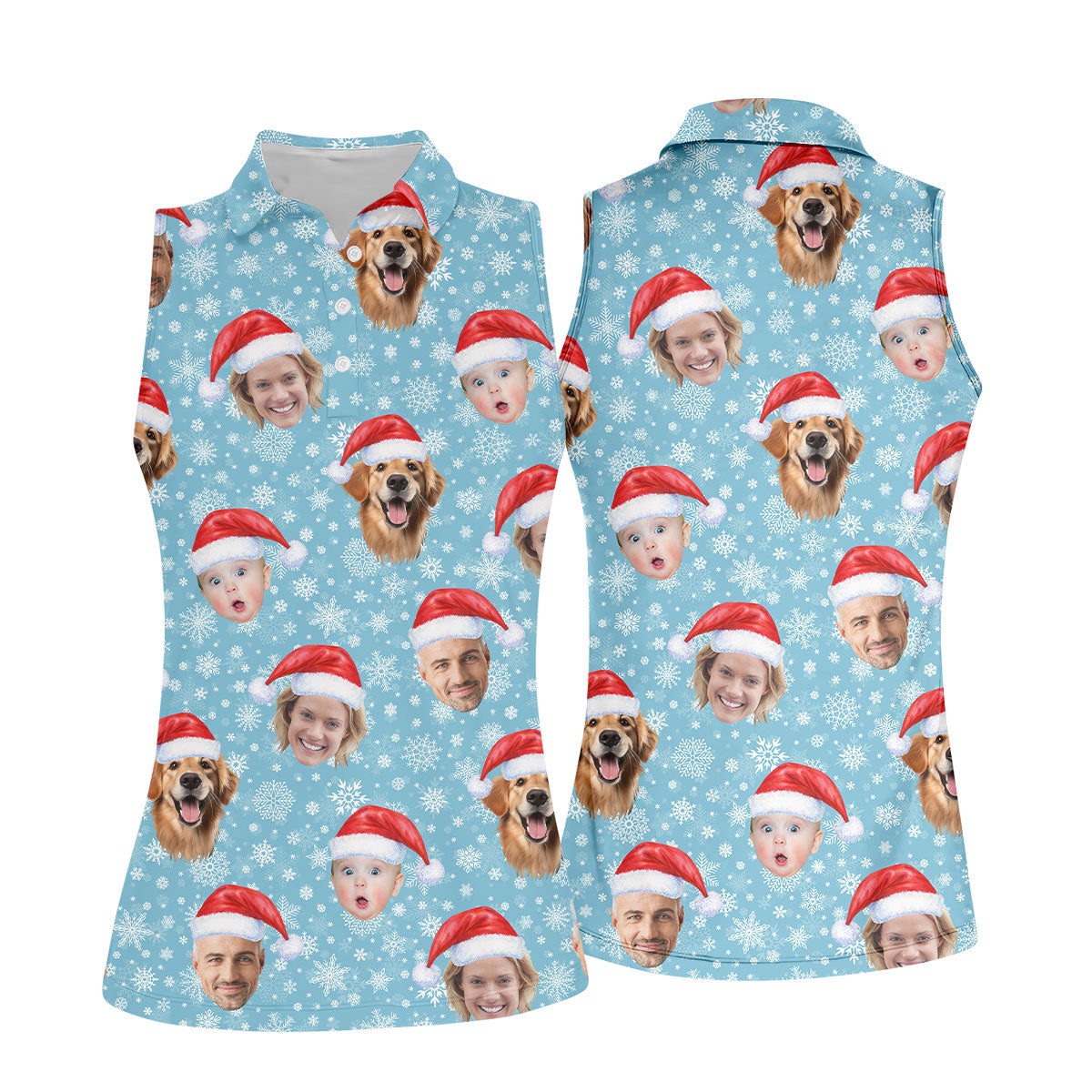 Custom Face Snowflakes Print Ice Blue Christmas Golf Shirt, Ladies Golf Shirts, Golf Gifts For Women