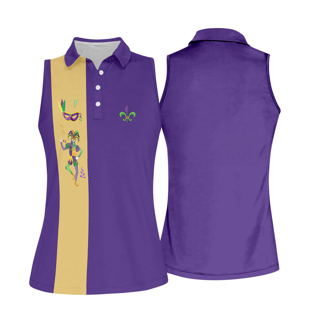 Mardi Gras Festival Jester Figure Fleur De Lis Symbol Purple Golf Shirt, Women's Golf Tops, Ladies Golf Polos
