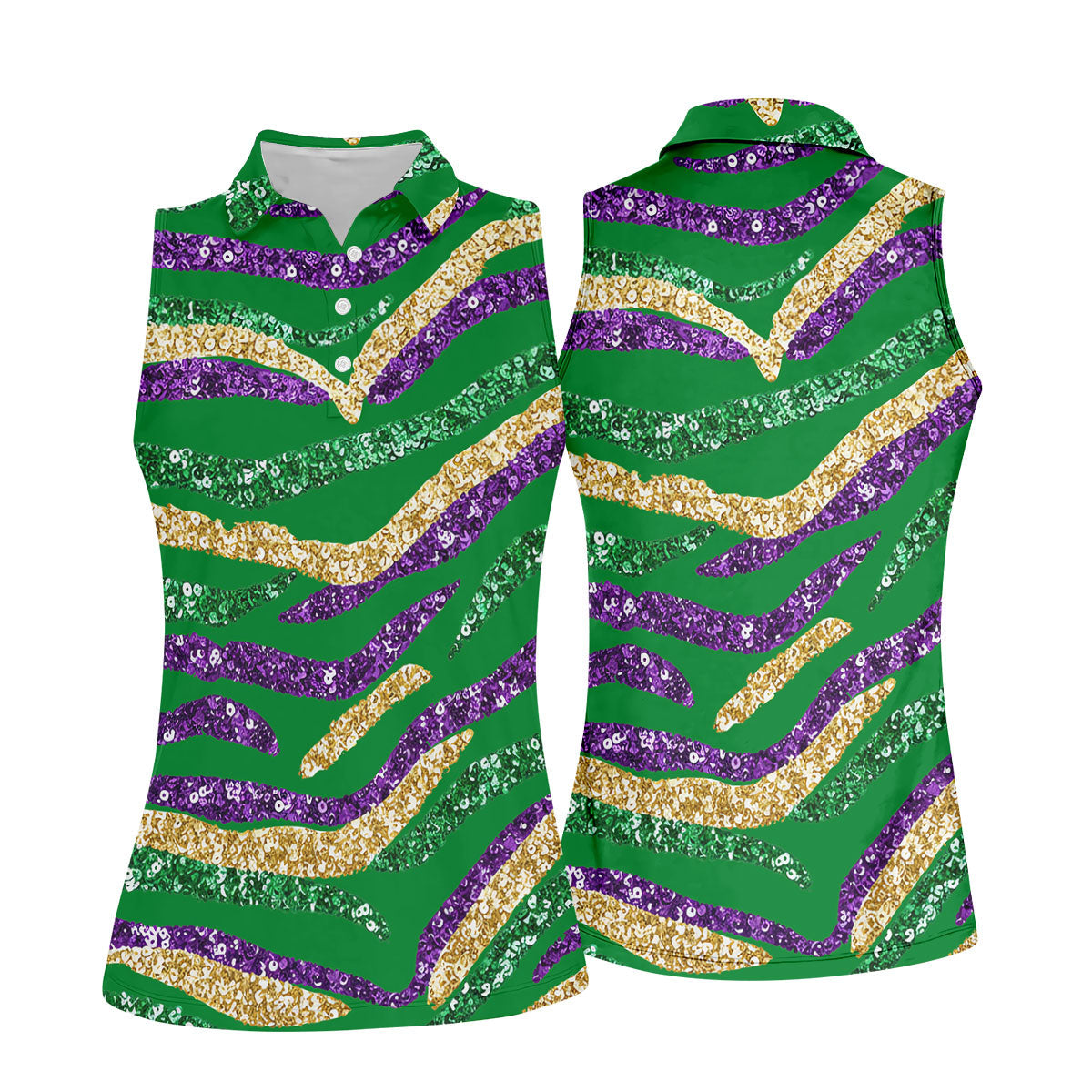 Purple Green Gold Sequin Pattern Green Golf Shirt, Mardi Gras Golf Shirt, Women's Golf Tops, Ladies Golf Shirts