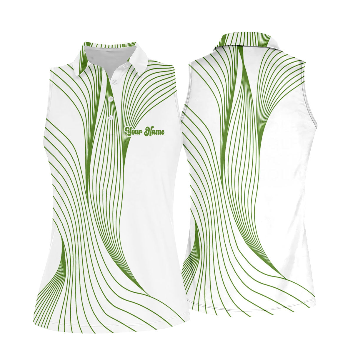 Geometric Line Wavy Line Green And White Custom Name Women's Golf Tops, Ladies Golf Shirts, Women's Polo Shirt