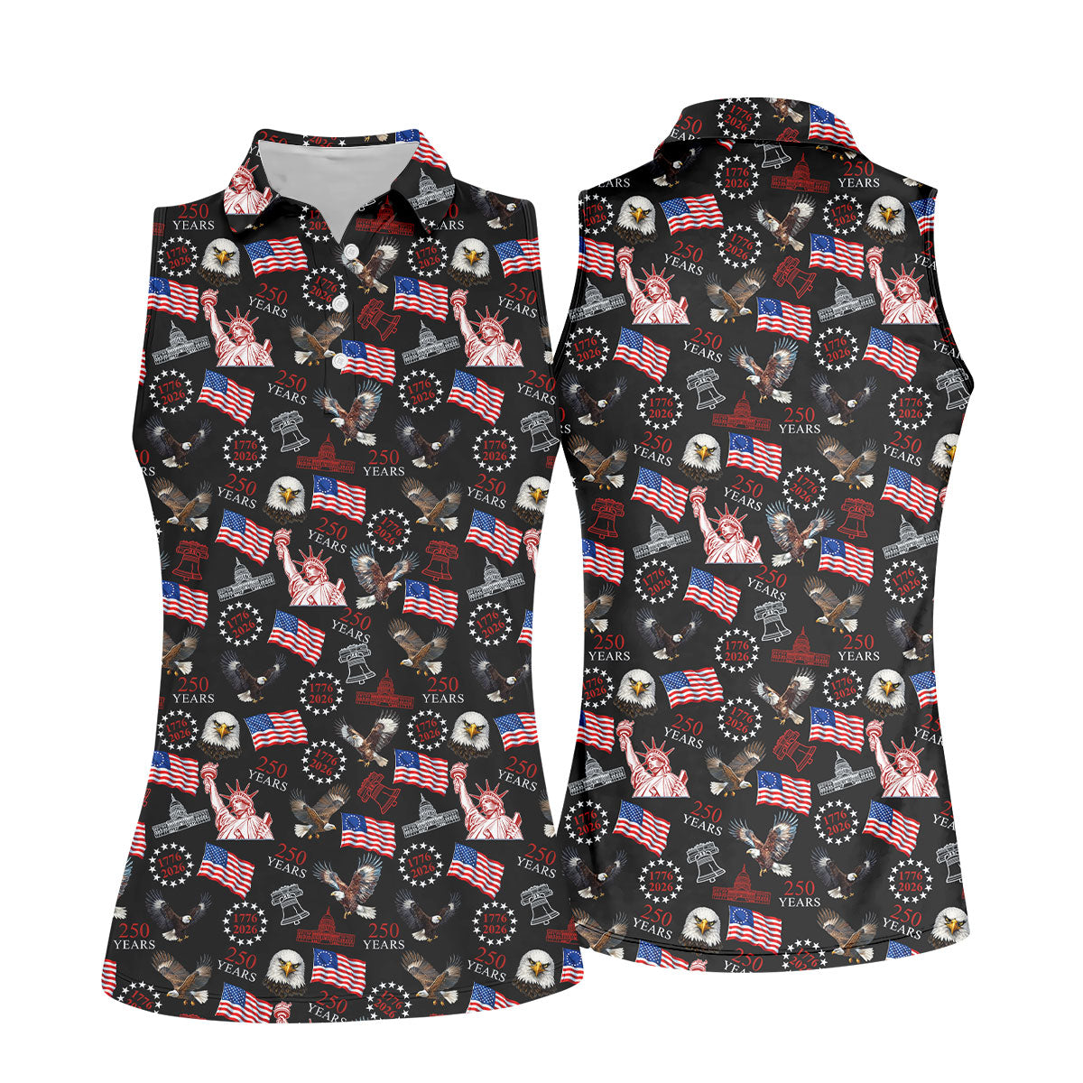250 Years American Symbol Patriotic Pattern Black Golf Shirt, 4th Of July Golf Shirt, Golf Shirt For Women