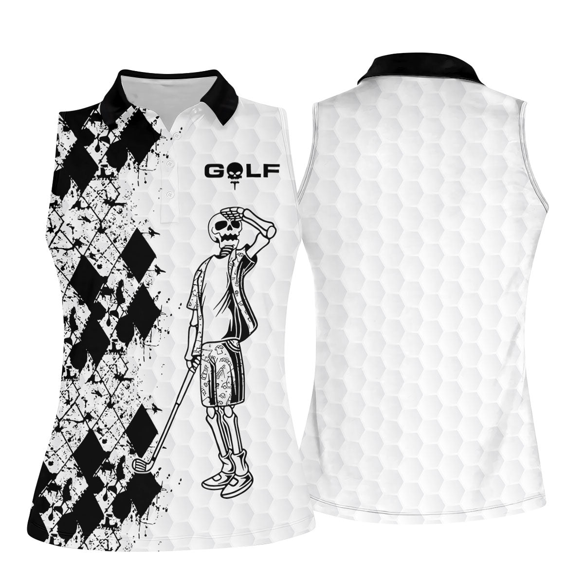 Golf Skeleton Splatter Effect Argyle Pattern Women's Golf Tops, Ladies Golf Shirts