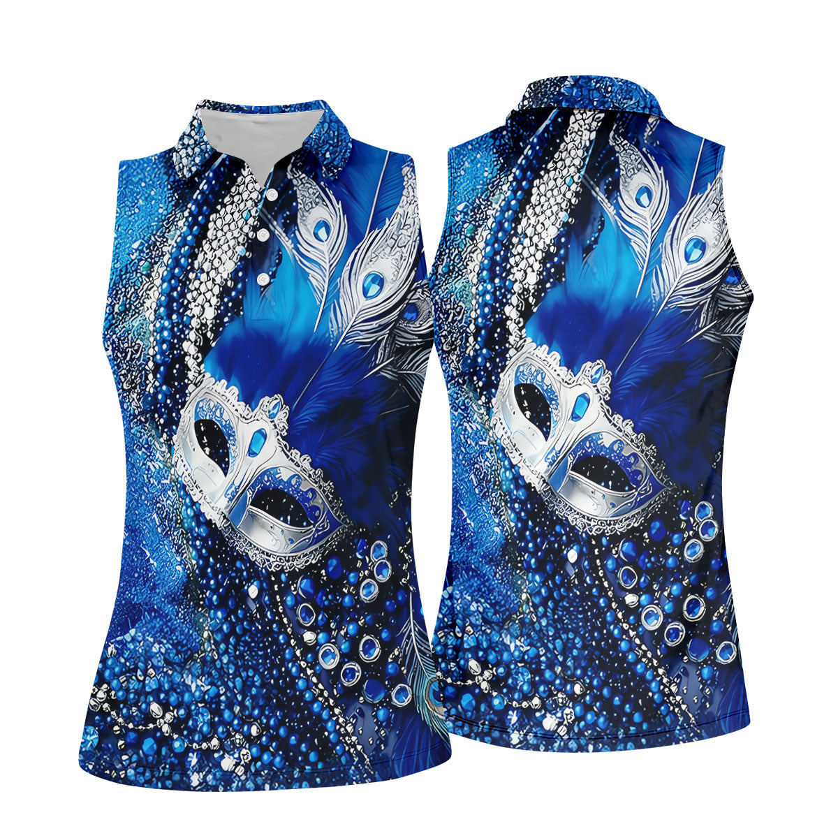 Mardi Gras Masquerade Mask Feather Beads Blue Golf Shirt, Women's Golf Tops, Ladies Golf Polos