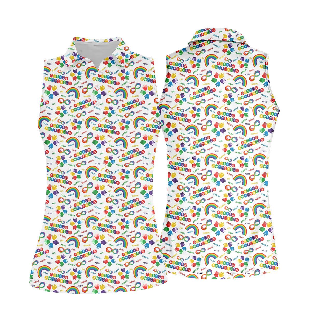 Autism Awareness Rainbow Pattern Colorful Handprints White Golf Shirt, Golf Shirt For Women